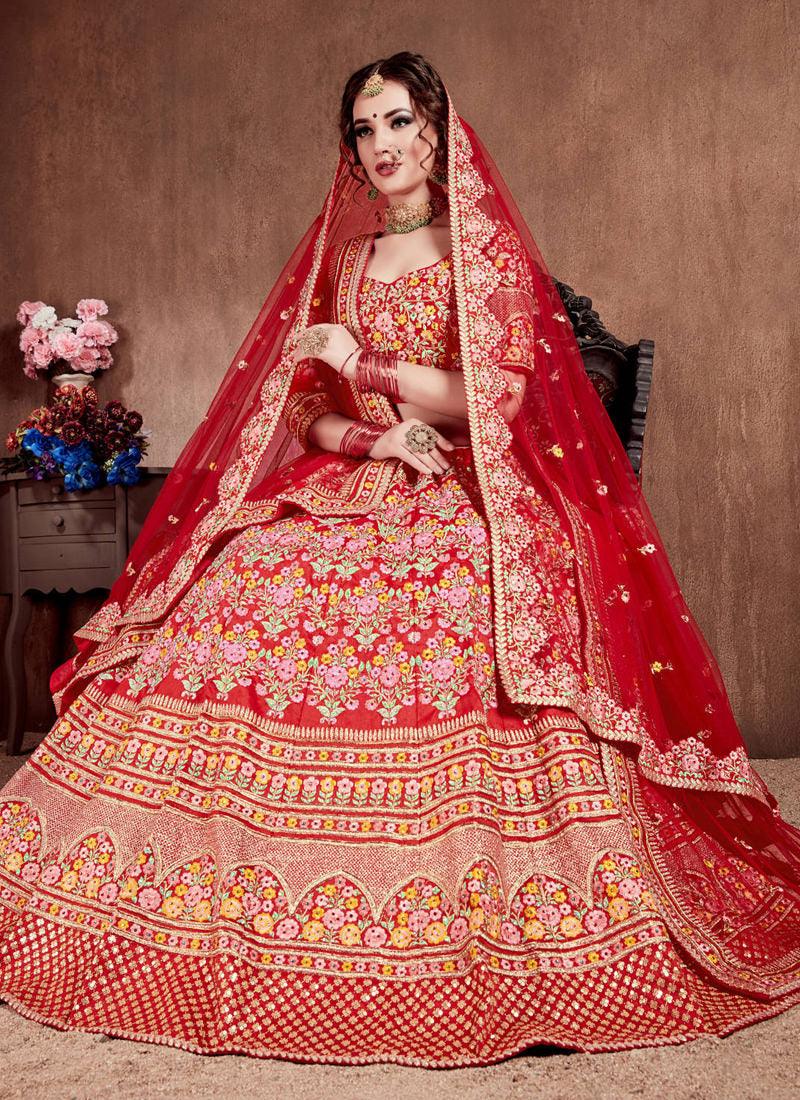 Splendid Red Colored Silk Bridal Designer Embroidered Lehenga Choli