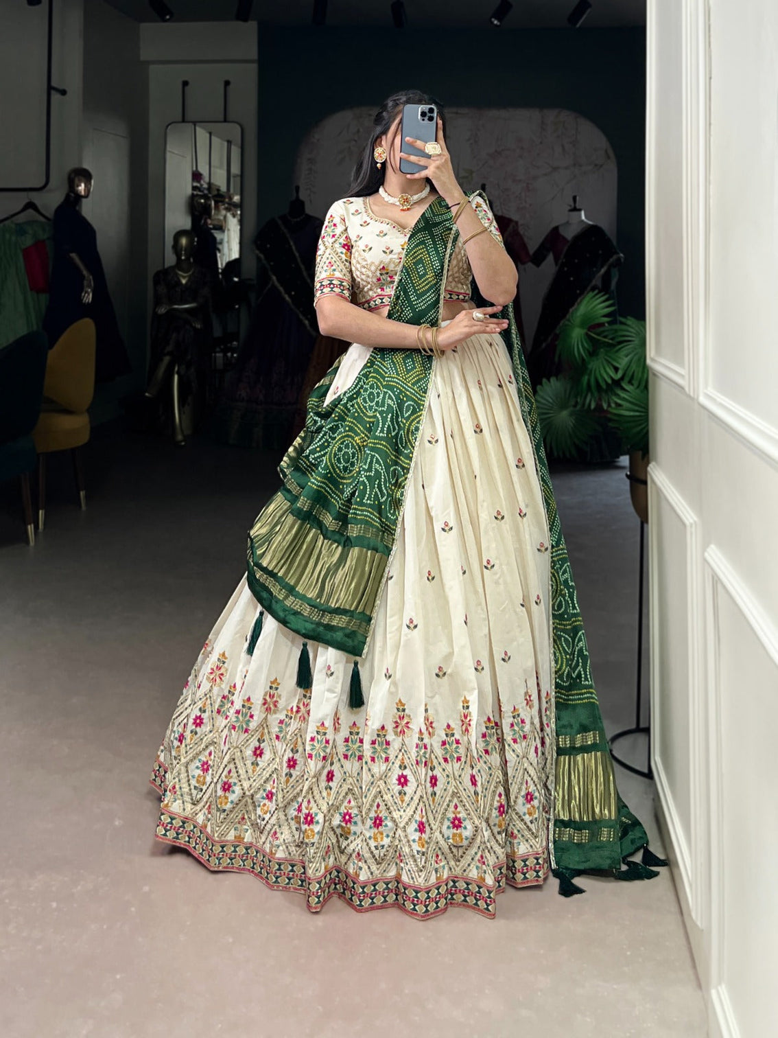 Square Traditional Khadi Cotton Embroidered Lehenga Set with Printed Gaji Silk Dupatta & Tassels