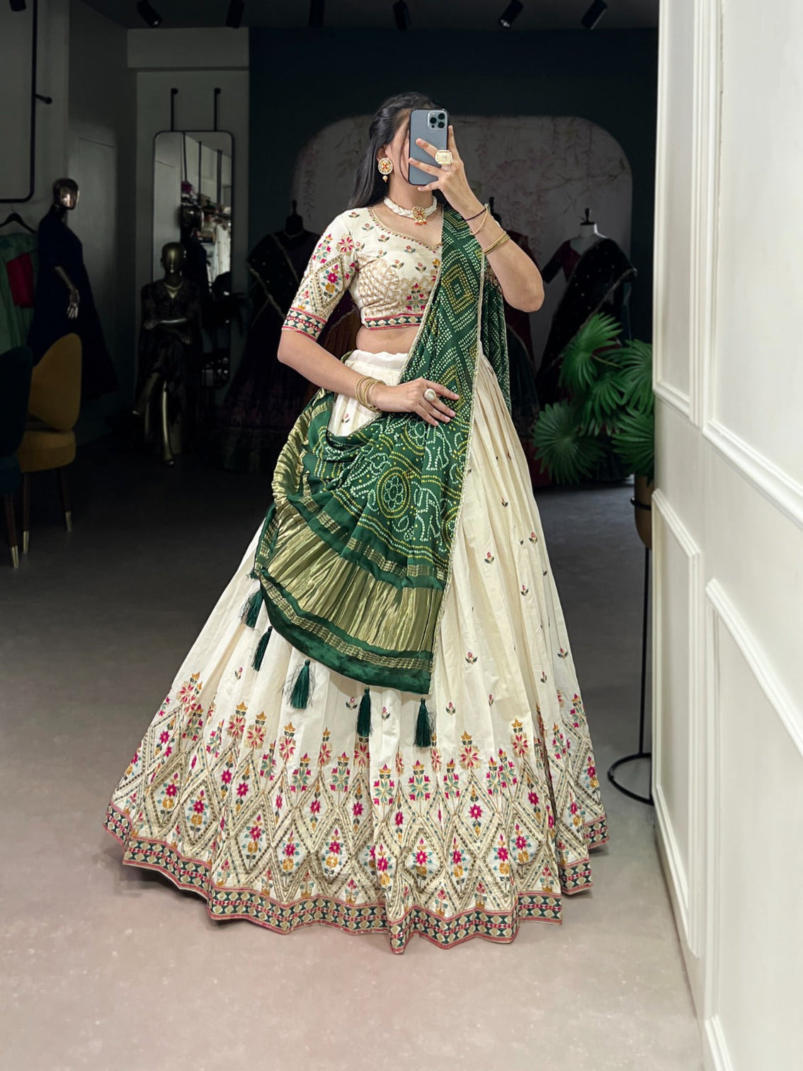 Square Traditional Khadi Cotton Embroidered Lehenga Set with Printed Gaji Silk Dupatta & Tassels