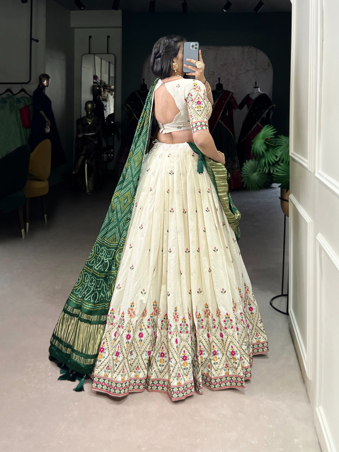 Square Traditional Khadi Cotton Embroidered Lehenga Set with Printed Gaji Silk Dupatta & Tassels