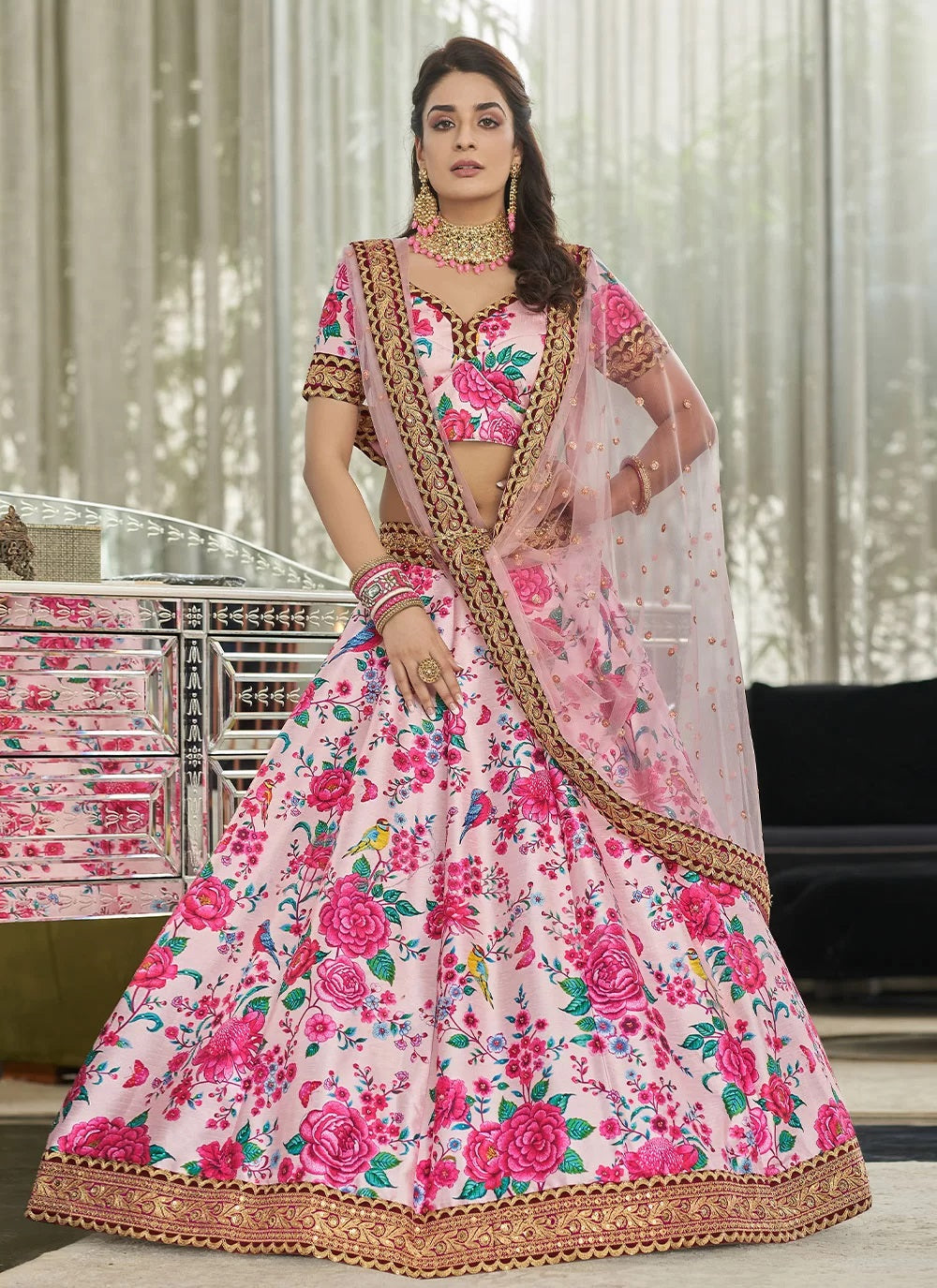 Stone and print work art silk lehenga in light pink