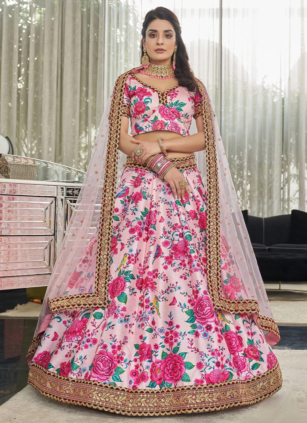 Stone and print work art silk lehenga in light pink