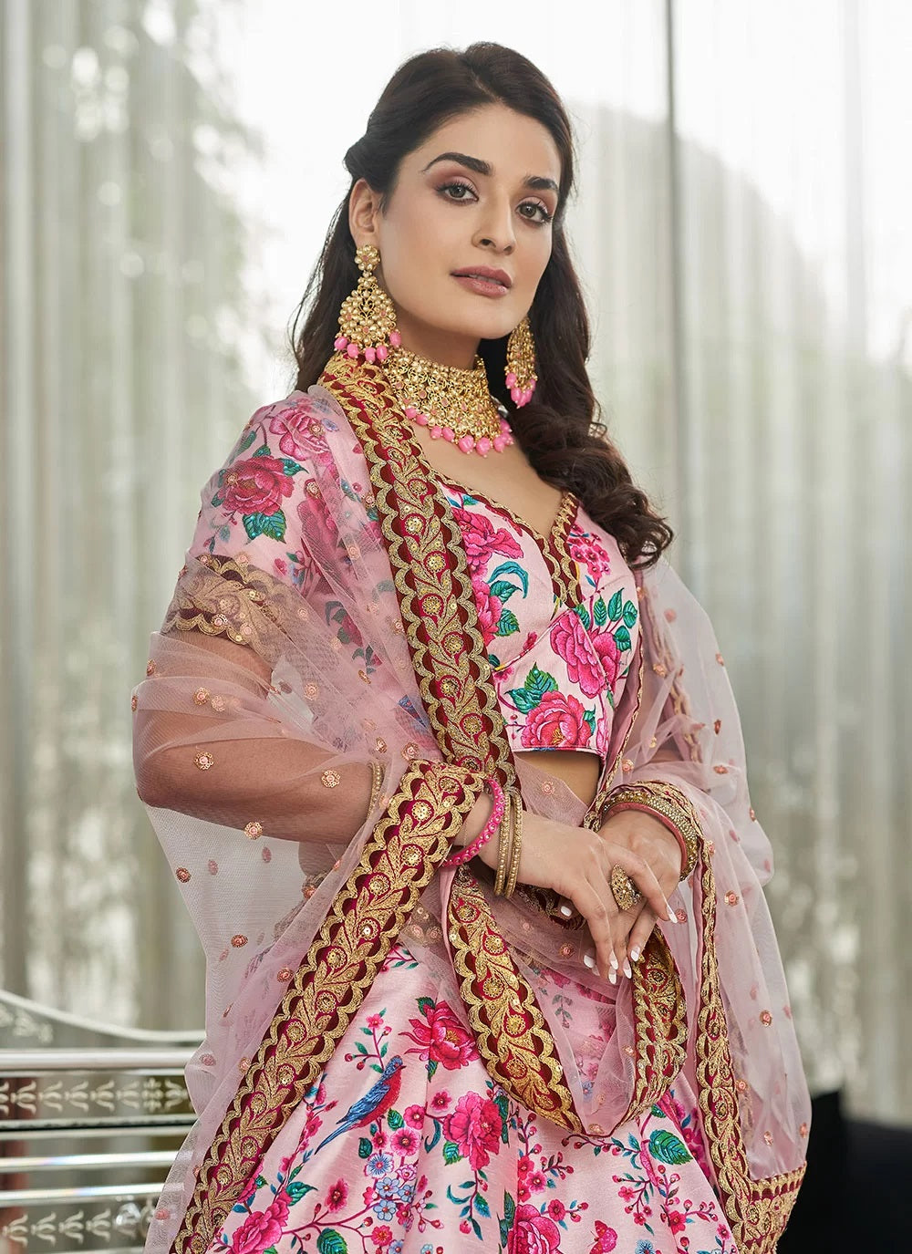 Stone and print work art silk lehenga in light pink