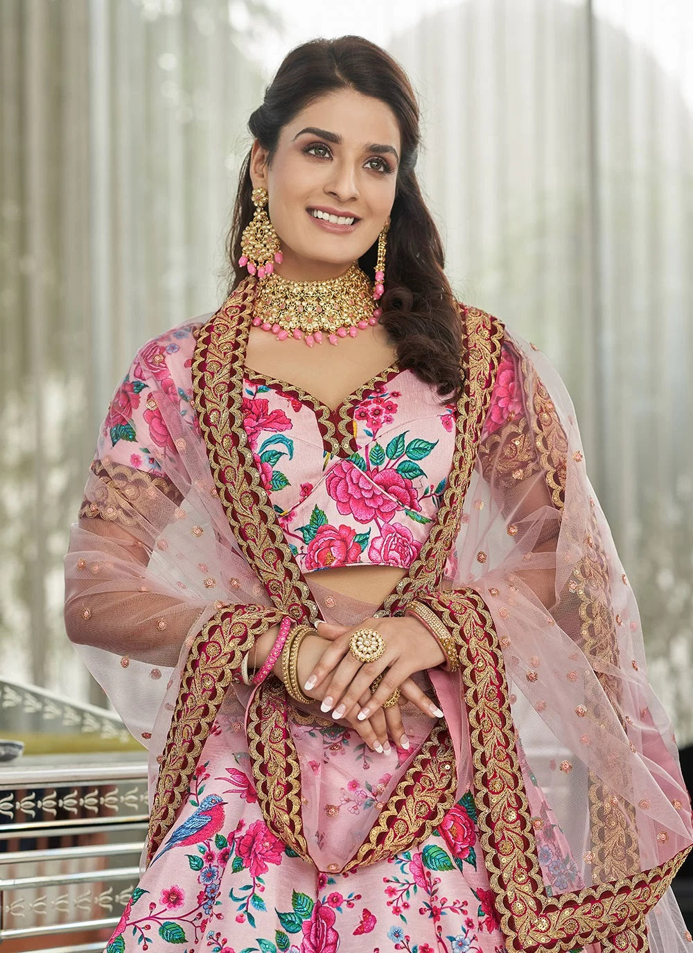 Stone and print work art silk lehenga in light pink