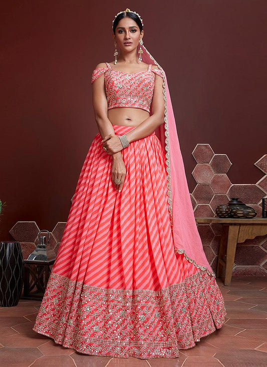 Striped Pattern Flared Peach Lehenga Choli