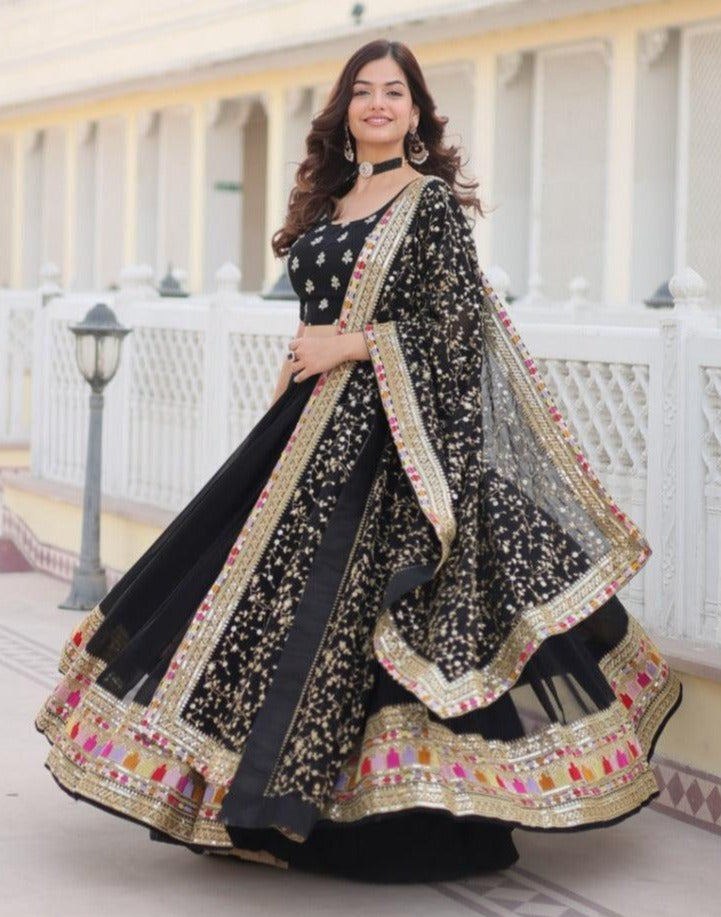 Stunning Black Faux Georgette Heavy Thread Sequins Embroidered Lehenga Choli Set