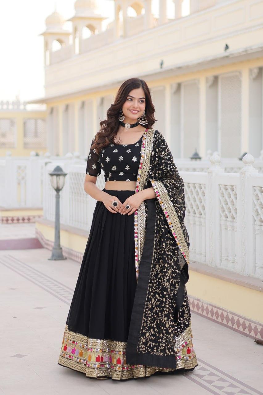 Stunning Black Faux Georgette Heavy Thread Sequins Embroidered Lehenga Choli Set