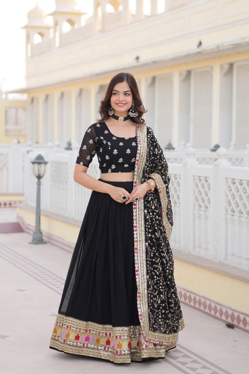 Stunning Black Faux Georgette Heavy Thread Sequins Embroidered Lehenga Choli Set