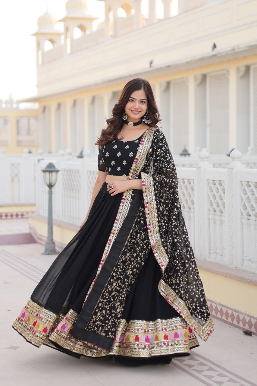 Stunning Black Faux Georgette Heavy Thread Sequins Embroidered Lehenga Choli Set