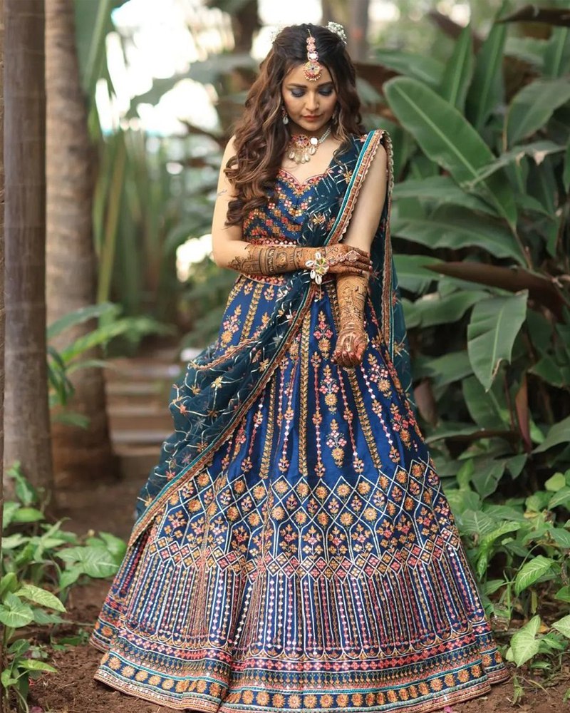 Stunning Blue Chinon Lehenga Choli with Multicolor Thread & Sequin Work