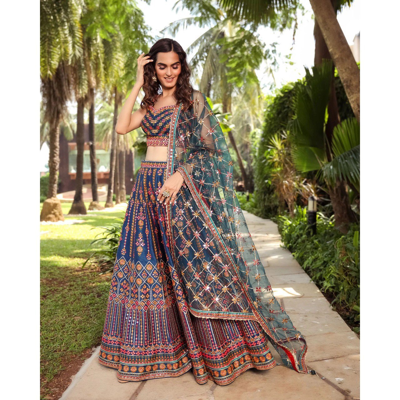 Stunning Blue Chinon Lehenga Choli with Multicolor Thread & Sequin Work