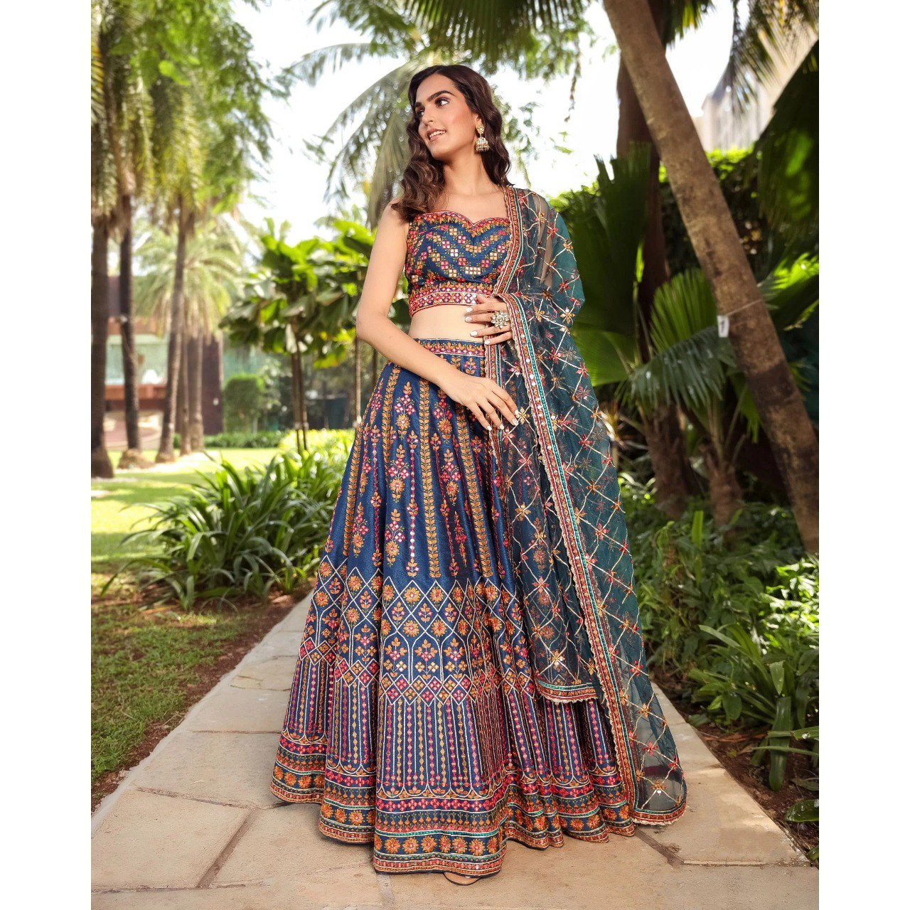 Stunning Blue Chinon Lehenga Choli with Multicolor Thread & Sequin Work