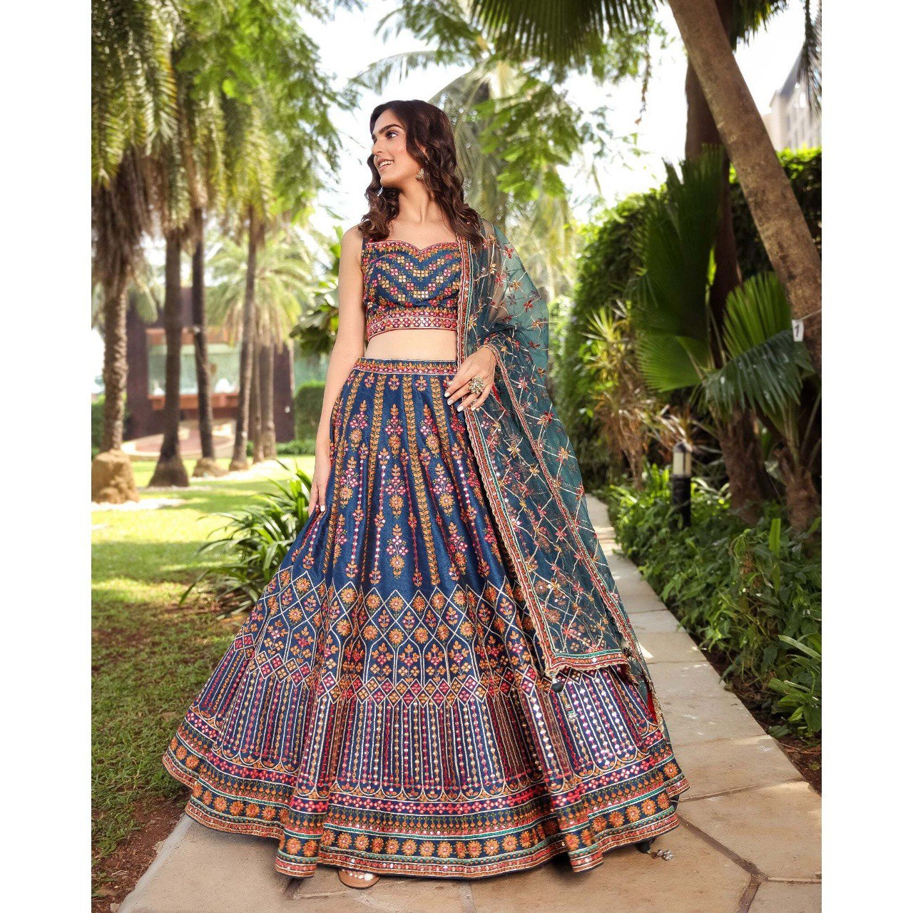 Stunning Blue Chinon Lehenga Choli with Multicolor Thread & Sequin Work