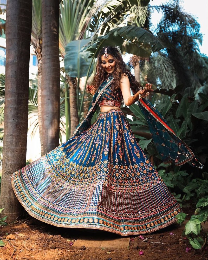 Stunning Blue Chinon Lehenga Choli with Multicolor Thread & Sequin Work