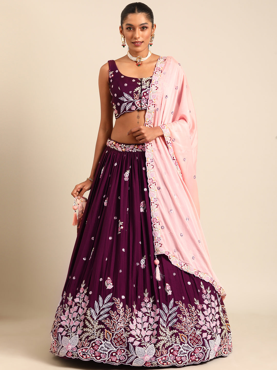 Stunning Burgundy Sequinned Georgette Lehenga Choli Set