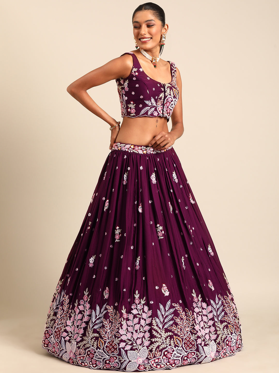 Stunning Burgundy Sequinned Georgette Lehenga Choli Set