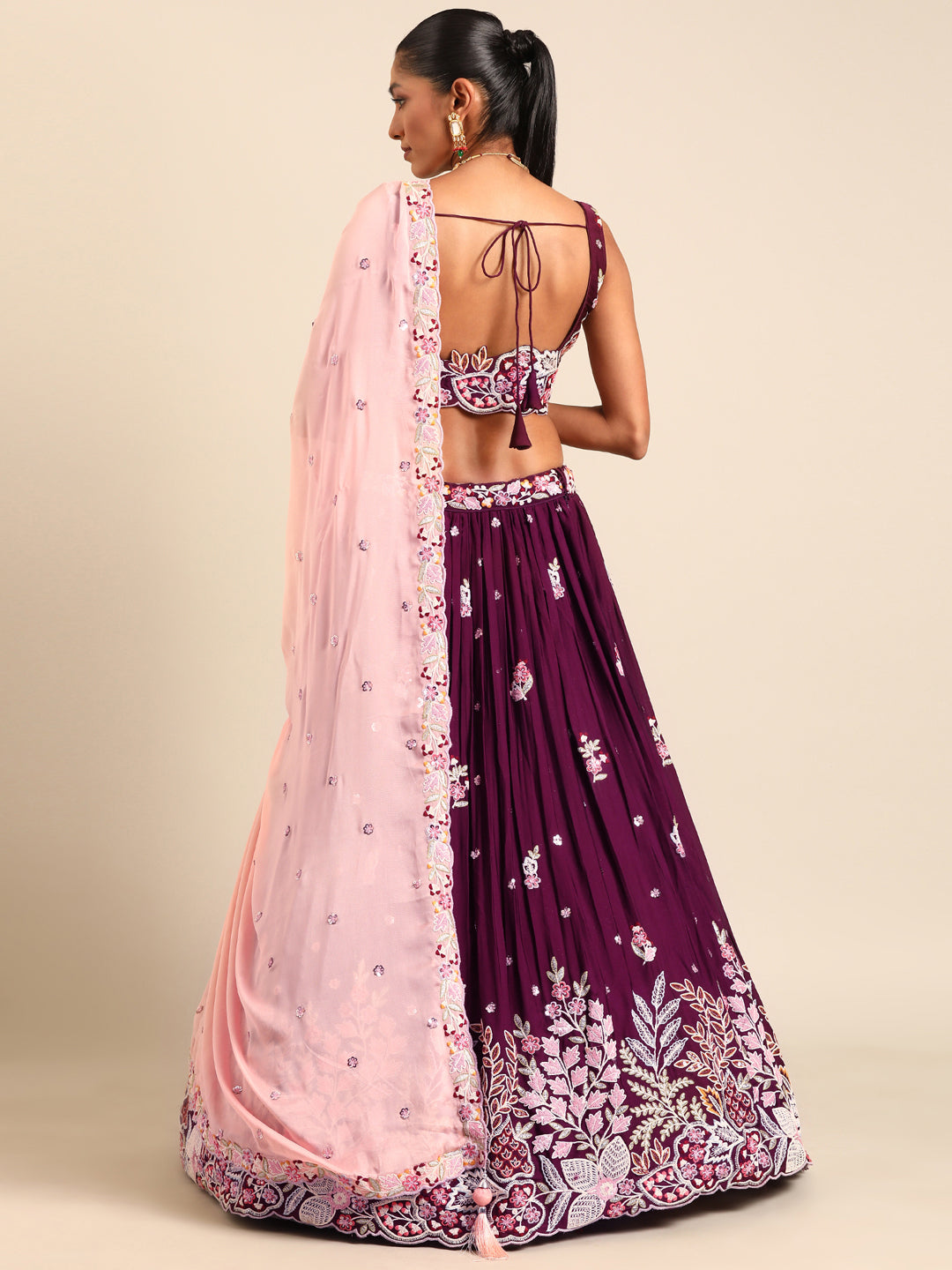 Stunning Burgundy Sequinned Georgette Lehenga Choli Set