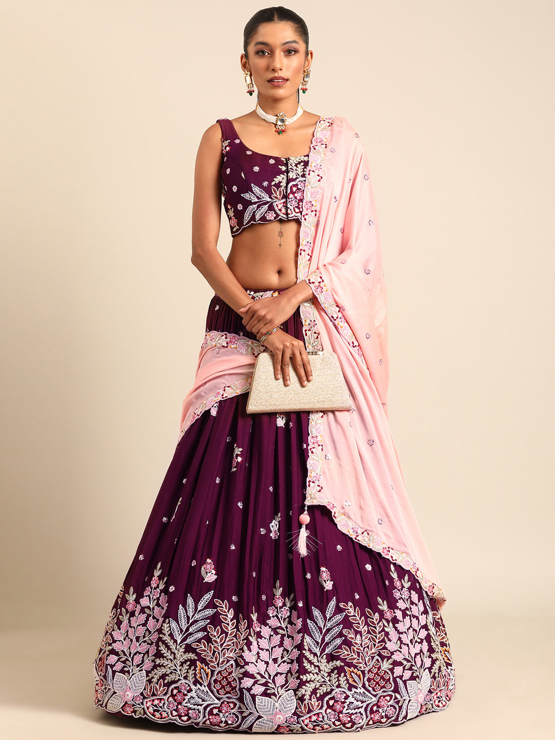 Stunning Burgundy Sequinned Georgette Lehenga Choli Set