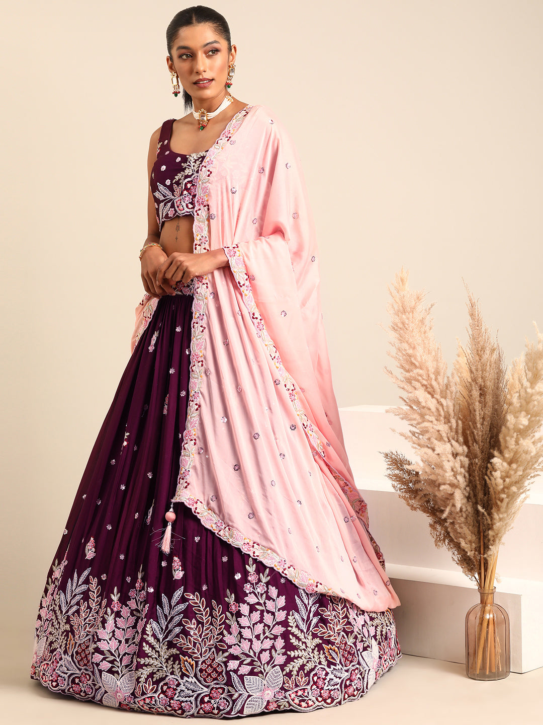 Stunning Burgundy Sequinned Georgette Lehenga Choli Set