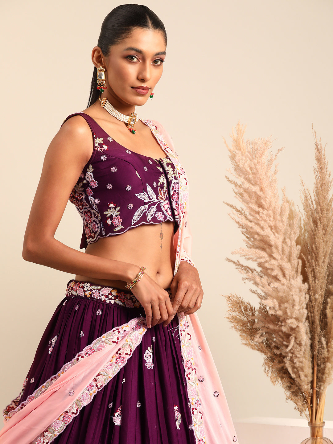 Stunning Burgundy Sequinned Georgette Lehenga Choli Set