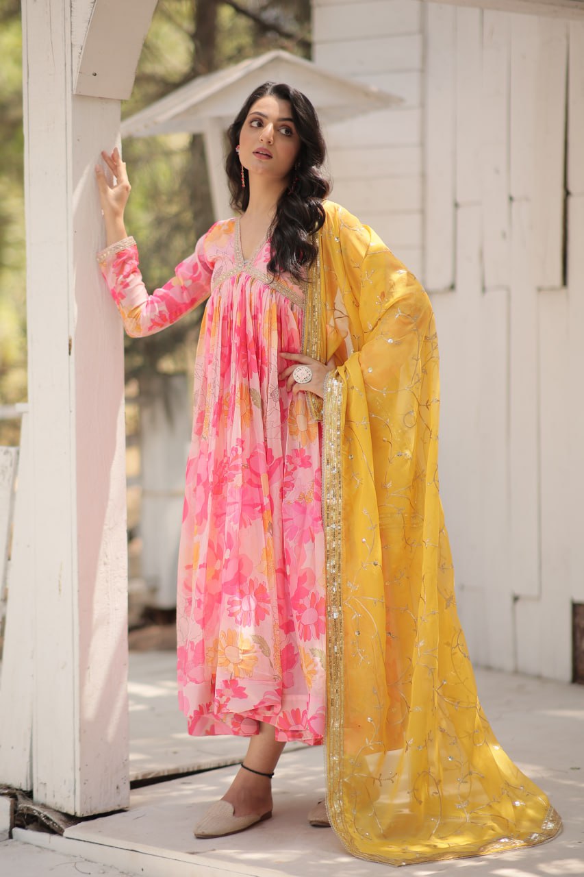 Stunning Digital Printed Russian Silk Pink Dress with Embroidered Dupatta