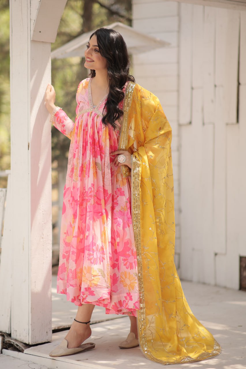 Stunning Digital Printed Russian Silk Pink Dress with Embroidered Dupatta