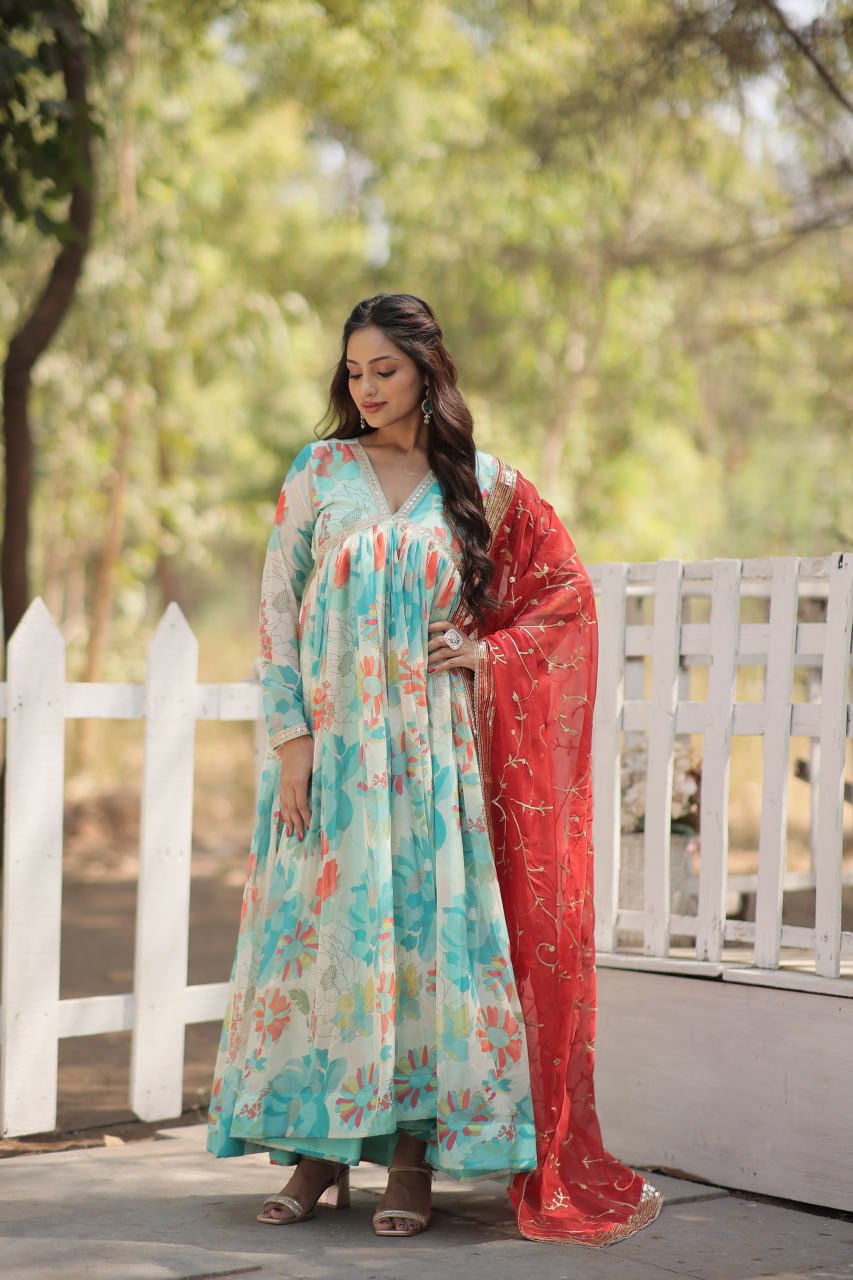 Stunning Digital Printed Russian Silk Sky Blue Dress with Embroidered Dupatta