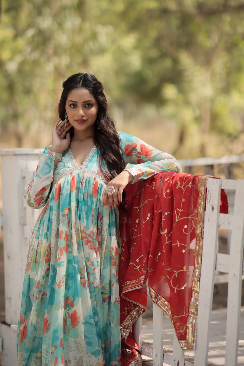 Stunning Digital Printed Russian Silk Sky Blue Dress with Embroidered Dupatta