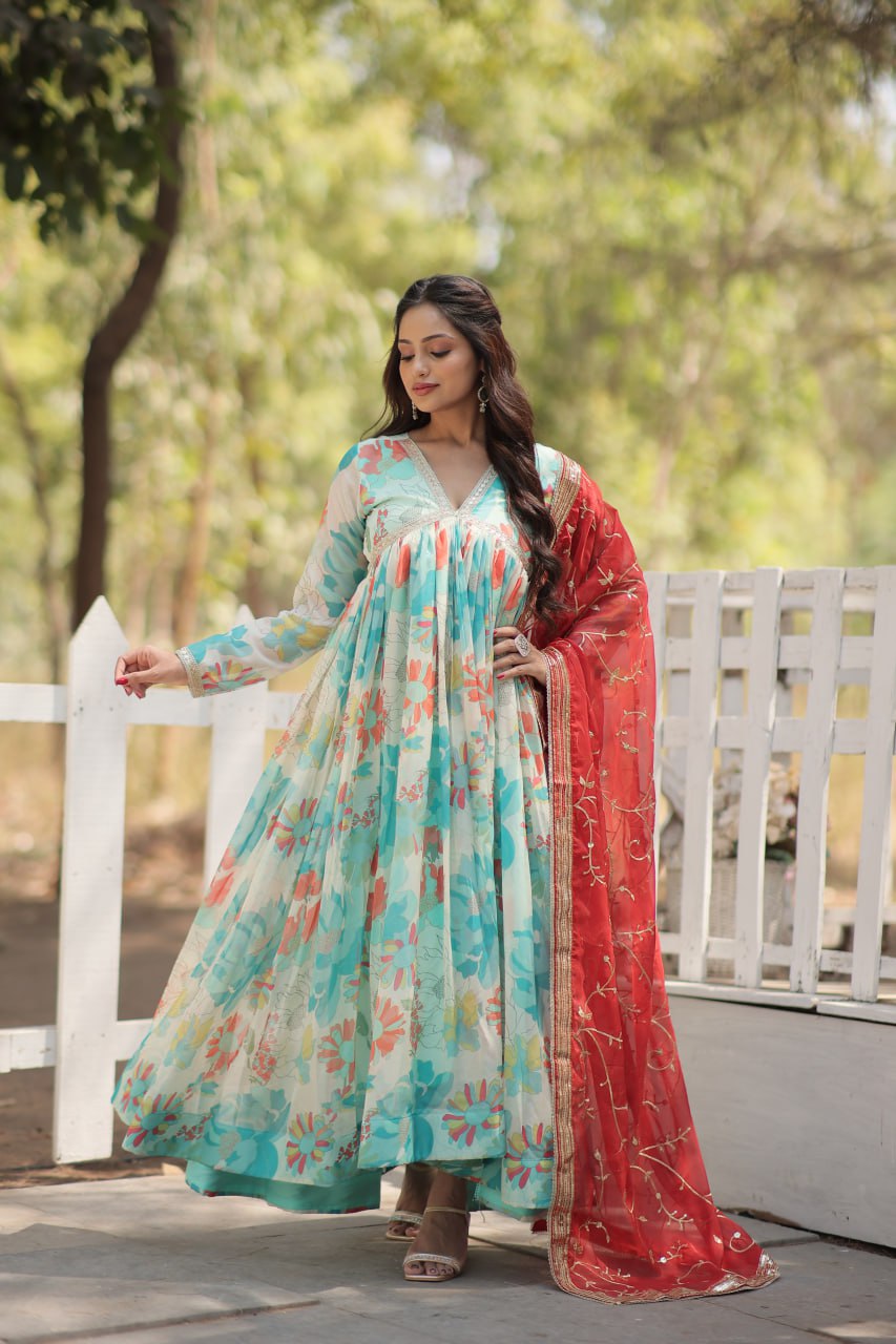 Stunning Digital Printed Russian Silk Sky Blue Dress with Embroidered Dupatta