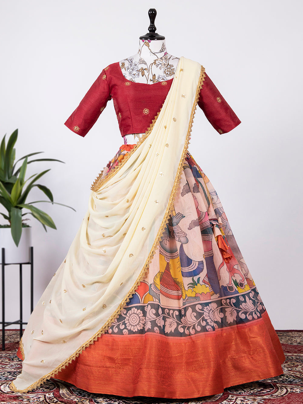 Red Color Digital Printed Soft Cotton Half Saree Set Lehenga