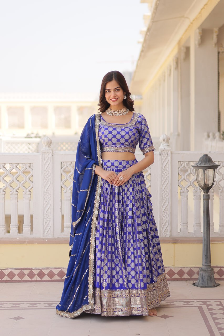 Stunning Dyeable Viscose Jacquard Blue Lehenga Set with Embroidered Sequins