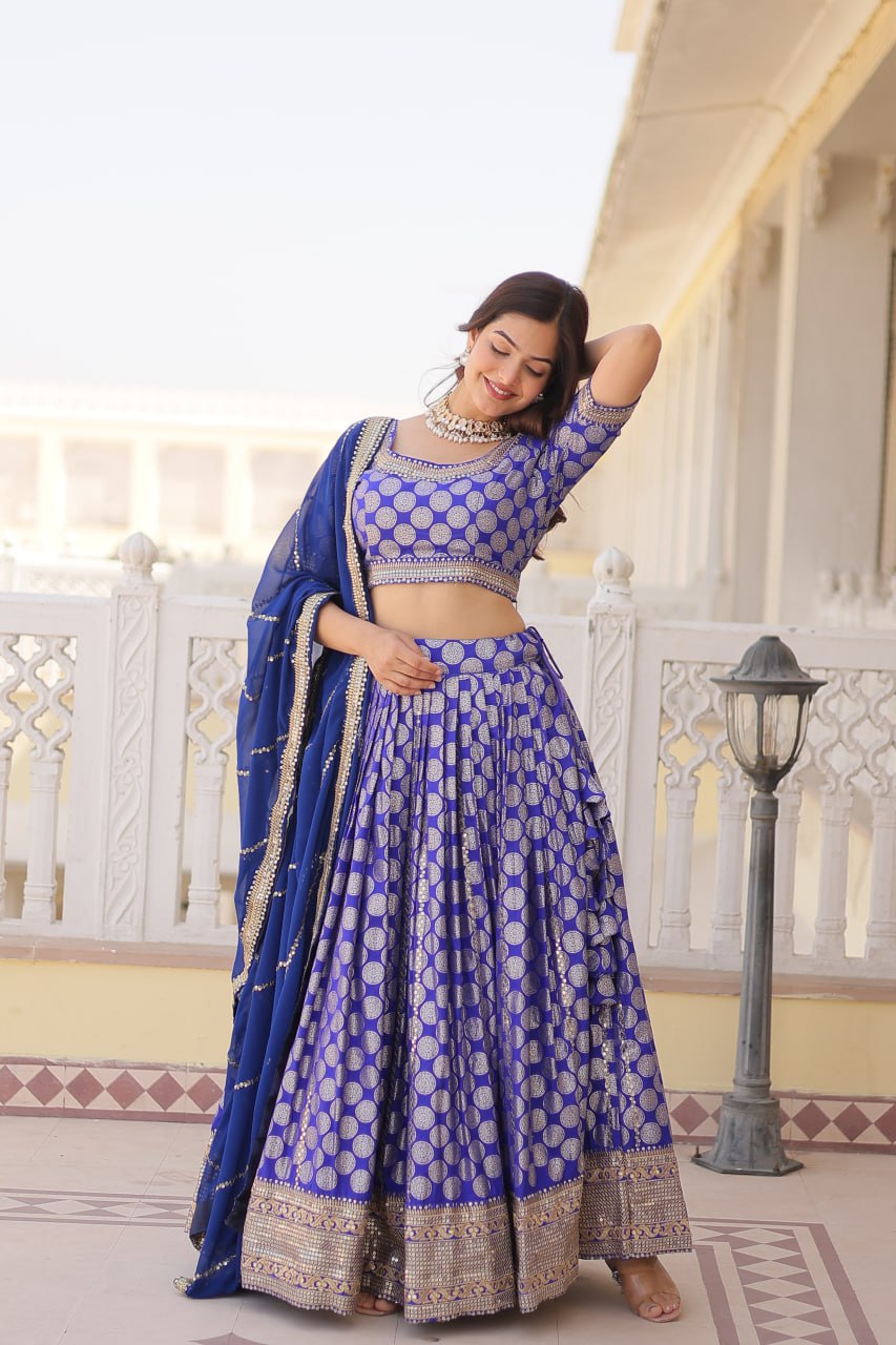 Stunning Dyeable Viscose Jacquard Blue Lehenga Set with Embroidered Sequins