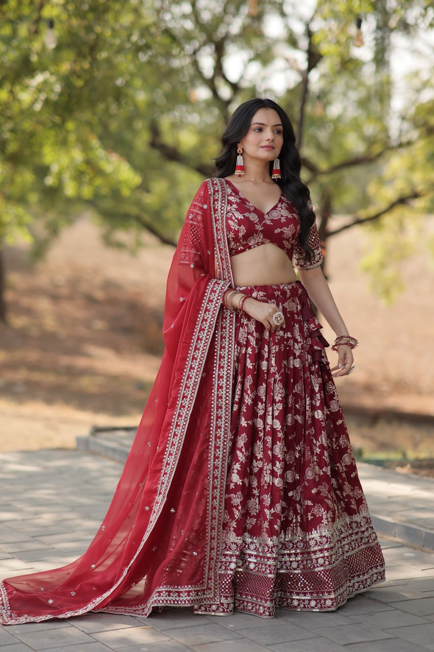 Stunning Dyeable Viscose Jacquard Red Lehenga Choli Set with Embroidered Sequins Work