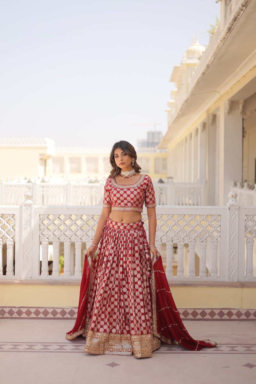 Stunning Dyeable Viscose Jacquard Red Lehenga Set with Embroidered Sequins