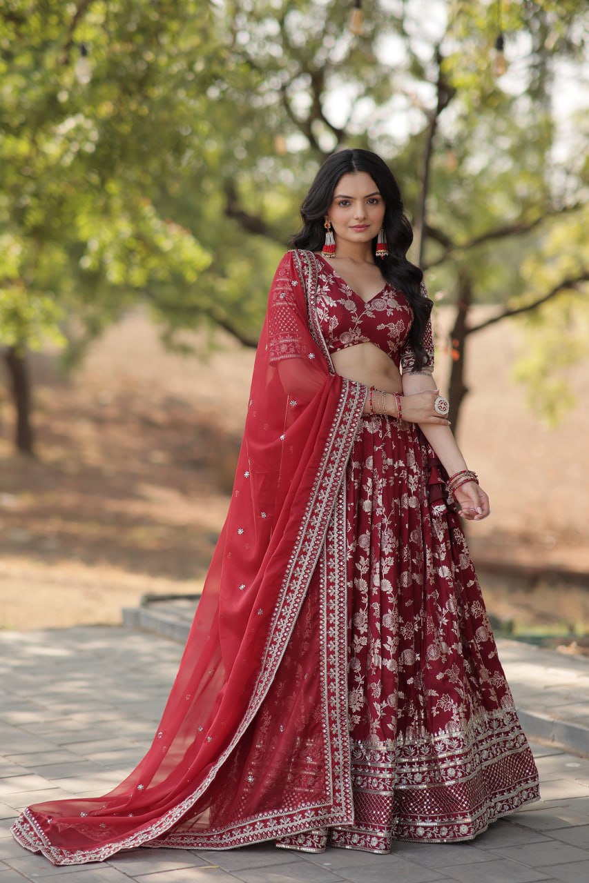 Stunning Dyeable Viscose Jacquard Red Lehenga Choli Set with Embroidered Sequins Work