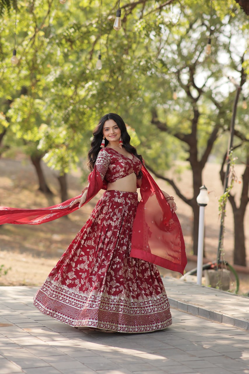 Stunning Dyeable Viscose Jacquard Red Lehenga Choli Set with Embroidered Sequins Work