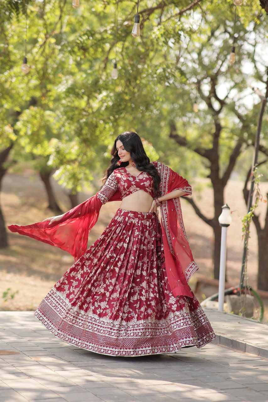 Stunning Dyeable Viscose Jacquard Red Lehenga Choli Set with Embroidered Sequins Work