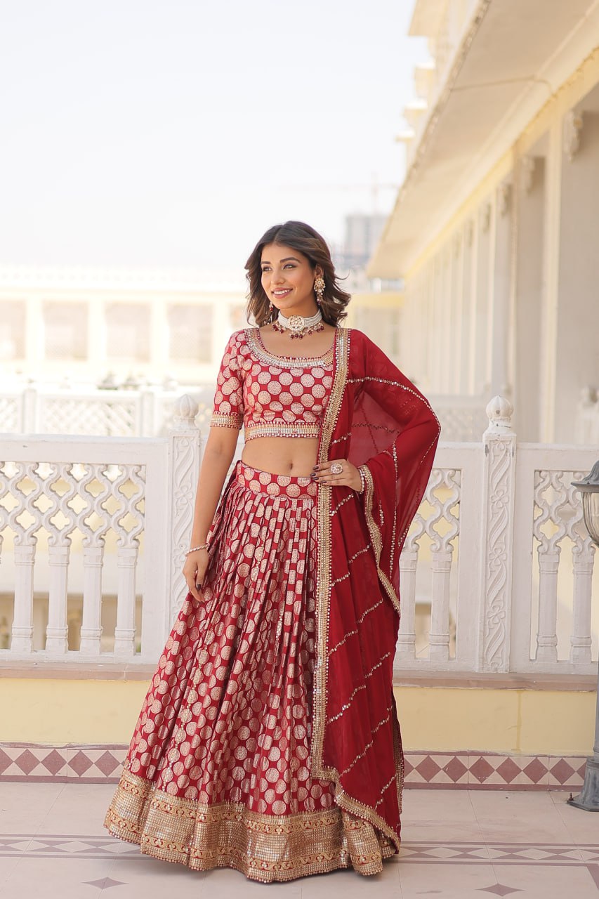 Stunning Dyeable Viscose Jacquard Red Lehenga Set with Embroidered Sequins