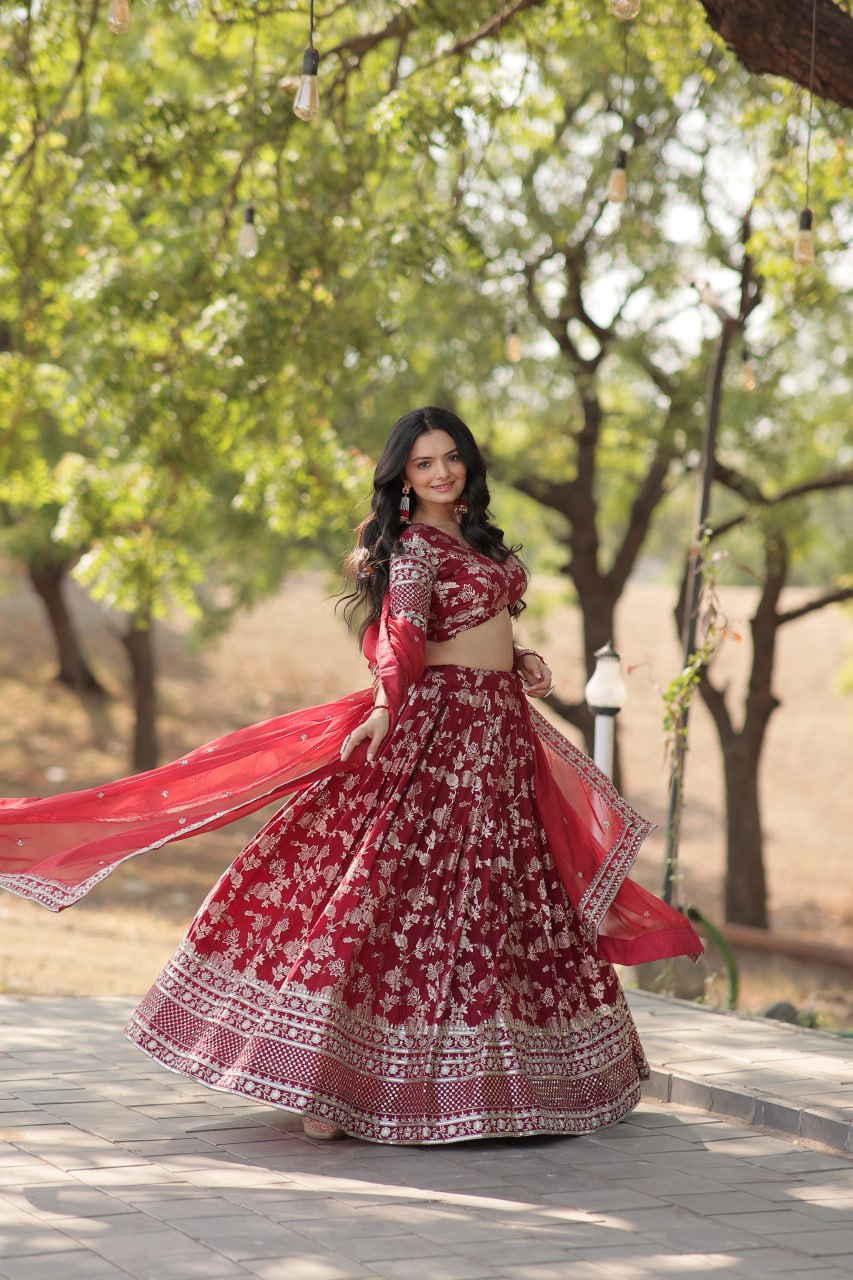 Stunning Dyeable Viscose Jacquard Red Lehenga Choli Set with Embroidered Sequins Work