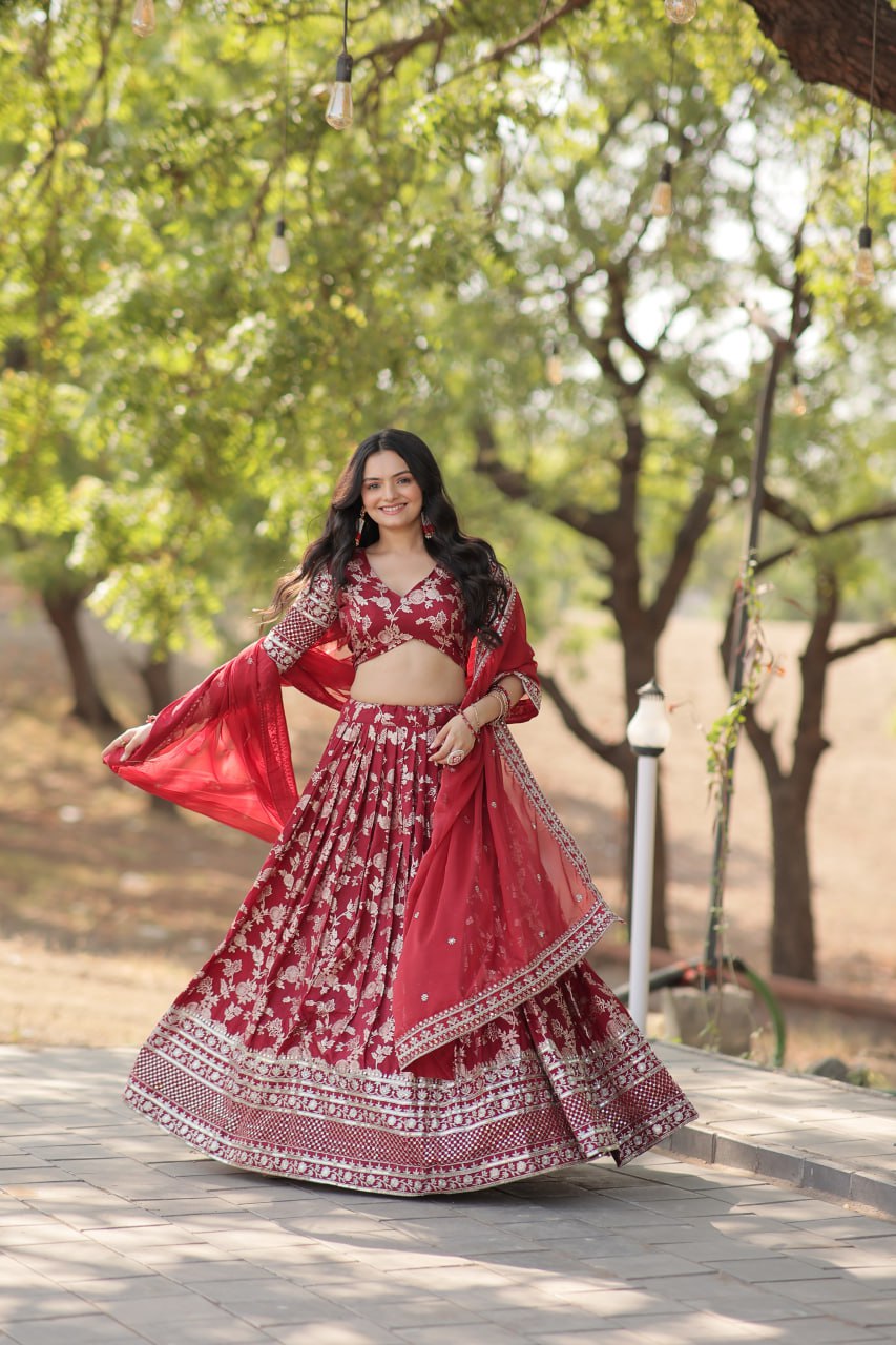 Stunning Dyeable Viscose Jacquard Red Lehenga Choli Set with Embroidered Sequins Work