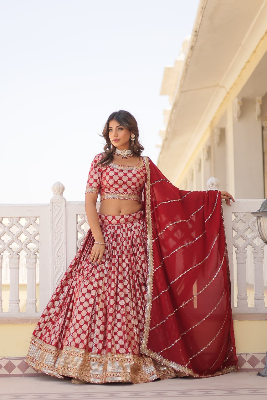 Stunning Dyeable Viscose Jacquard Red Lehenga Set with Embroidered Sequins