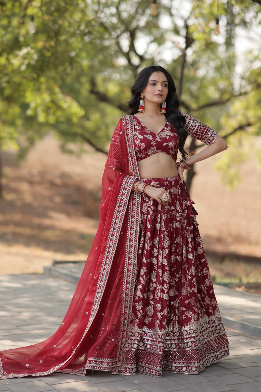 Stunning Dyeable Viscose Jacquard Red Lehenga Choli Set with Embroidered Sequins Work