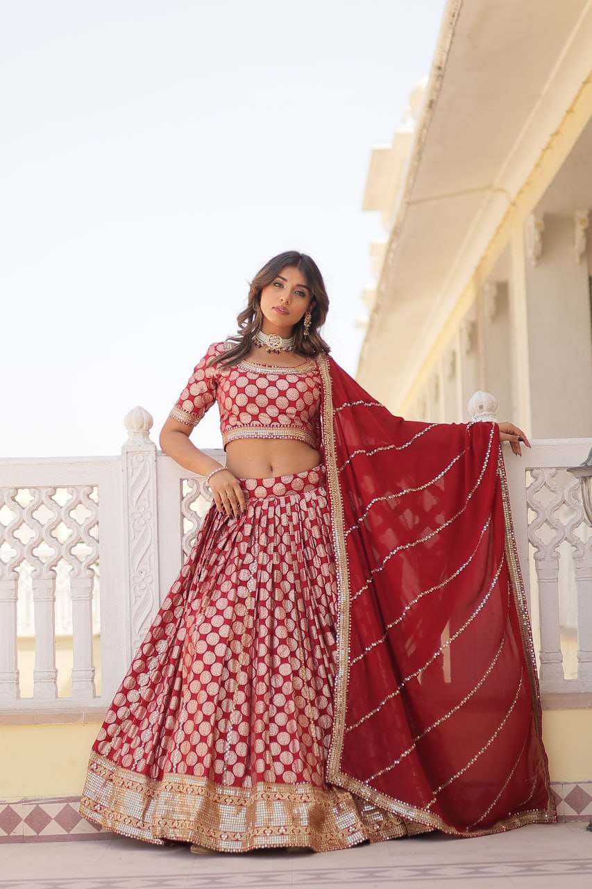 Stunning Dyeable Viscose Jacquard Red Lehenga Set with Embroidered Sequins