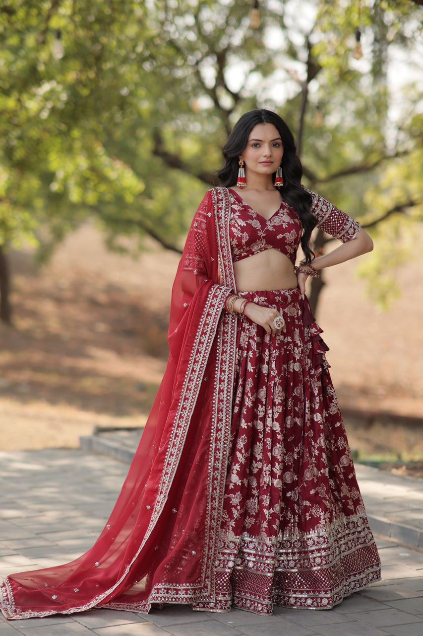 Stunning Dyeable Viscose Jacquard Red Lehenga Choli Set with Embroidered Sequins Work