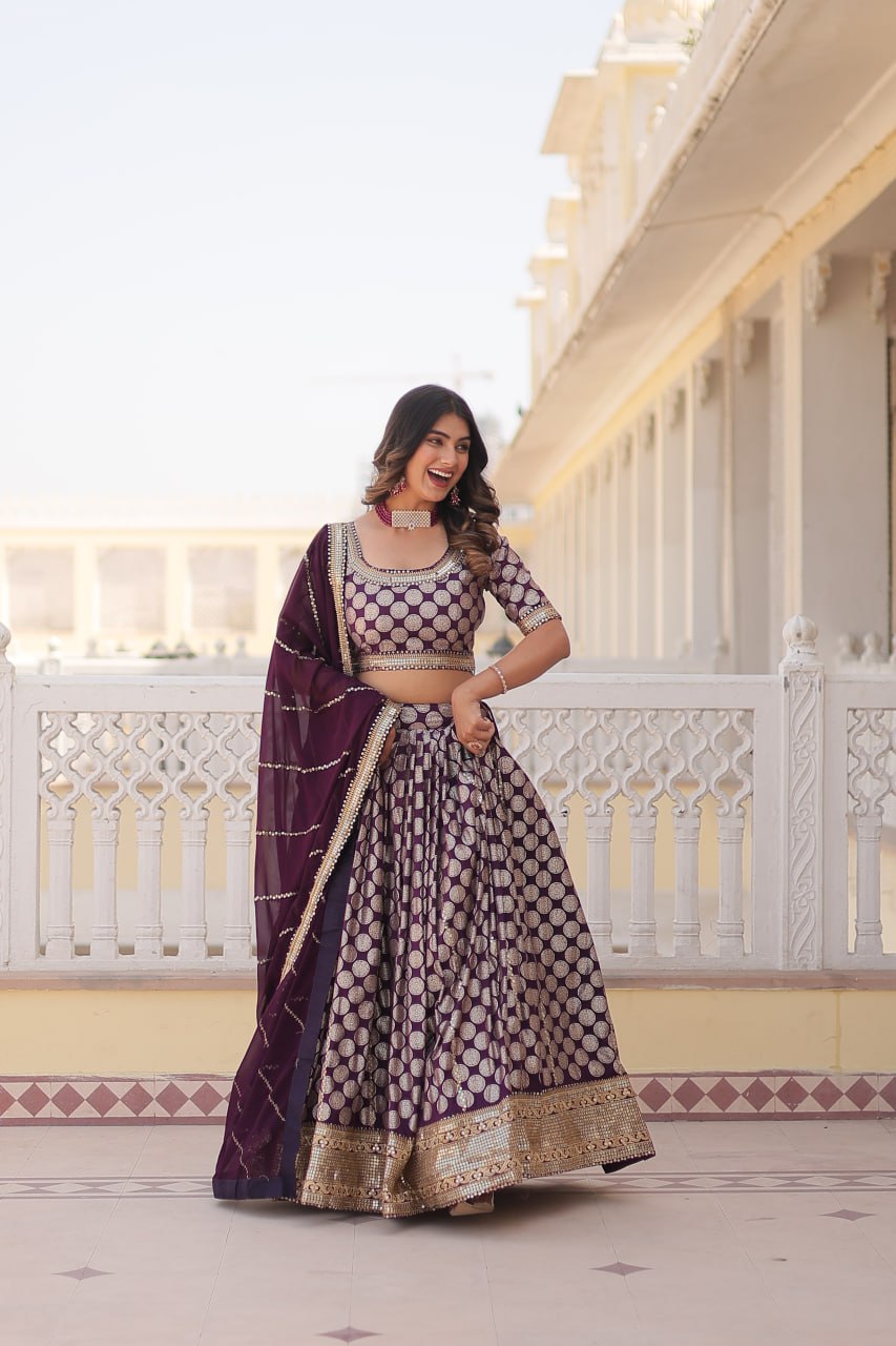 Stunning Dyeable Viscose Jacquard Wine Lehenga Set with Embroidered Sequins