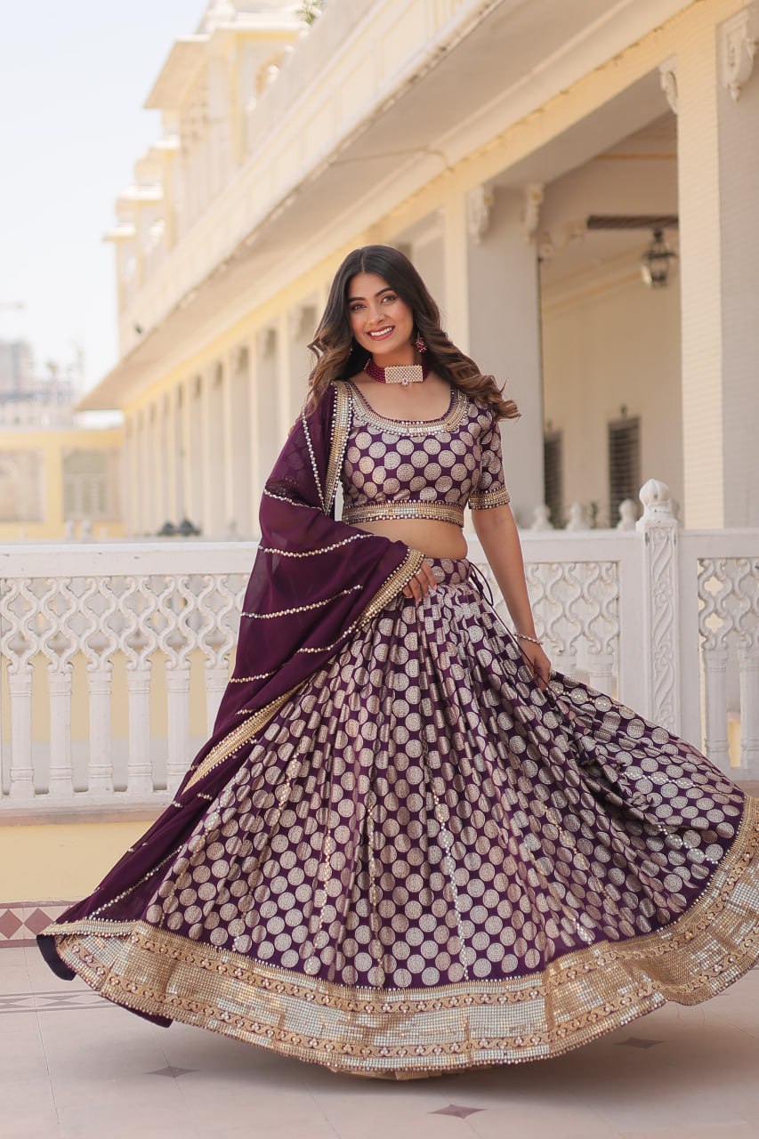 Stunning Dyeable Viscose Jacquard Wine Lehenga Set with Embroidered Sequins