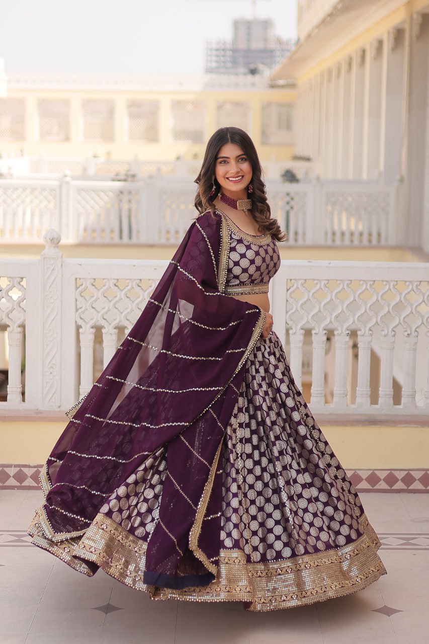 Stunning Dyeable Viscose Jacquard Wine Lehenga Set with Embroidered Sequins