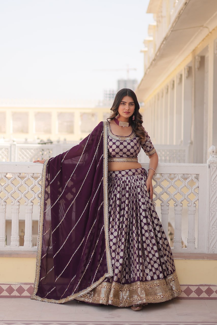 Stunning Dyeable Viscose Jacquard Wine Lehenga Set with Embroidered Sequins