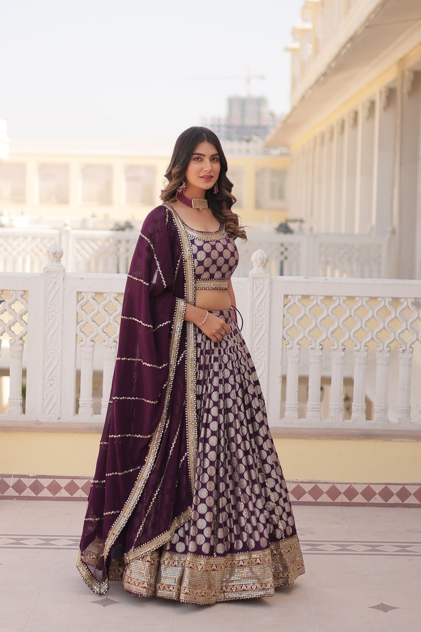 Stunning Dyeable Viscose Jacquard Wine Lehenga Set with Embroidered Sequins