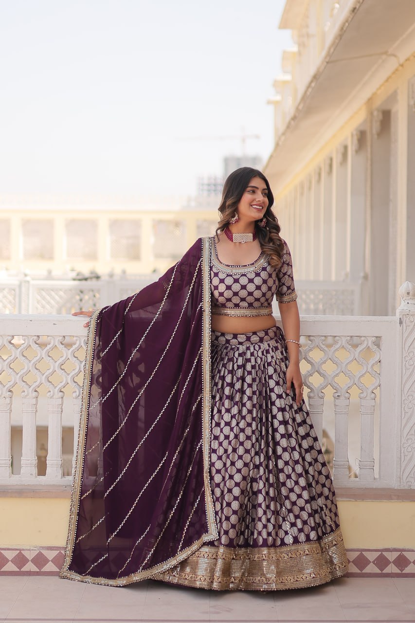 Stunning Dyeable Viscose Jacquard Wine Lehenga Set with Embroidered Sequins